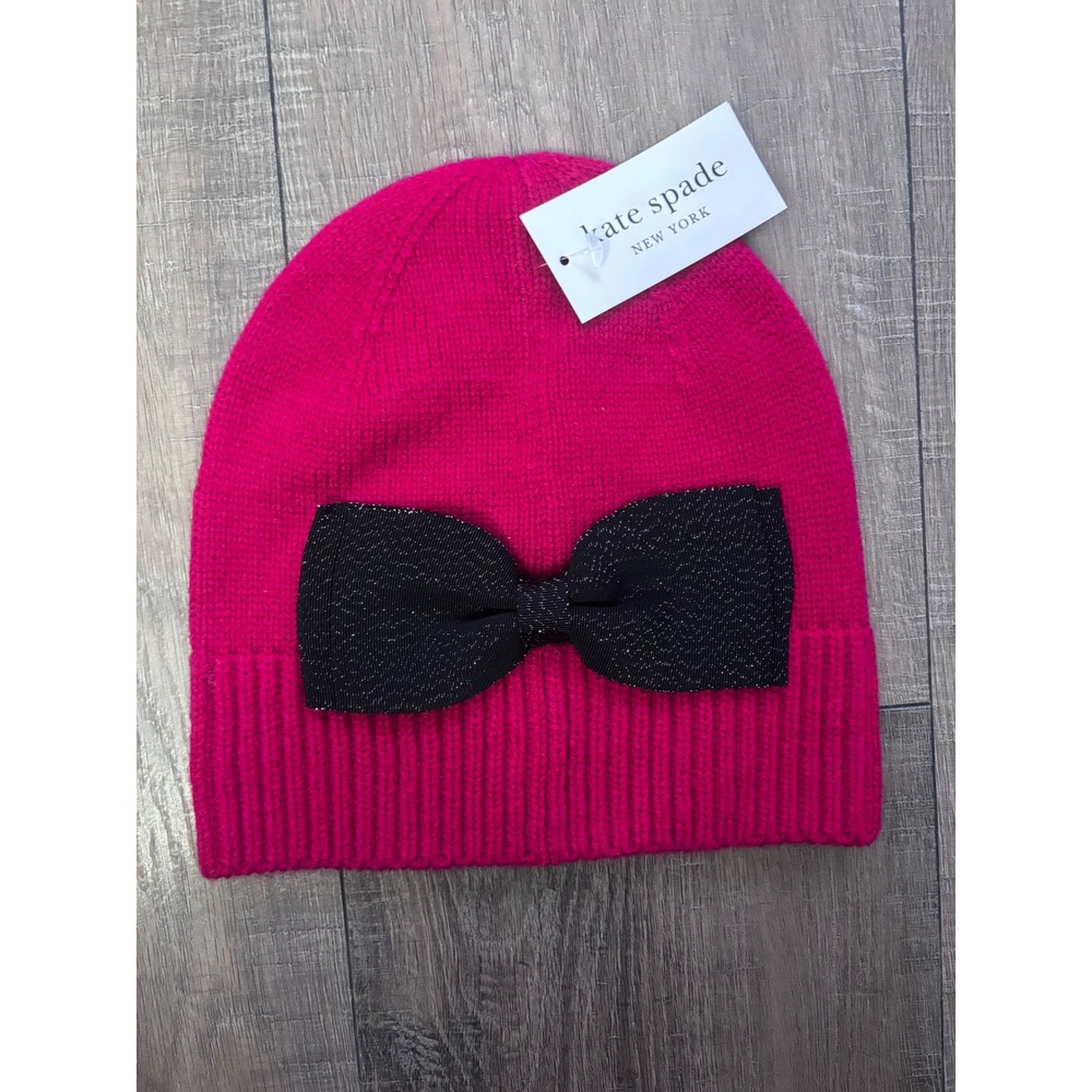kate spade Hot Pink Knit Beanie with Black Bow OS